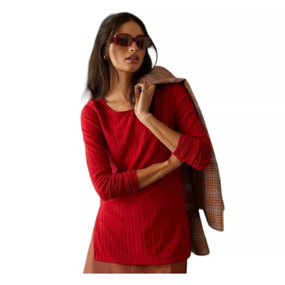 Anthropologie Women's size Small Red Viscose Long Sleeve Striped Crewneck Top - Picture 1 of 9